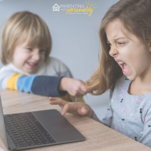 two children, one pulling the other's hair and the other showing excessive anger, meltdown