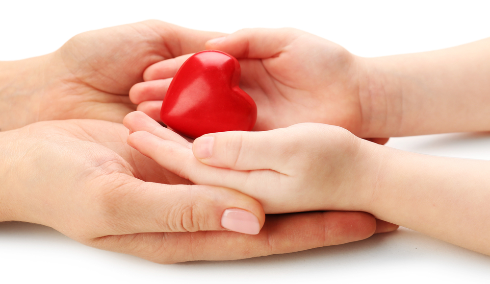Heart in child and mother hands isolated on white