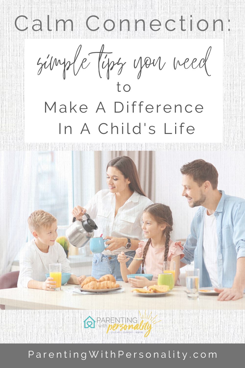 family smiling and interacting while parents make a difference in the life of a child at breakfast