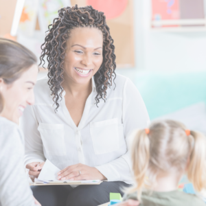 mom talking with teacher about adhd child's struggles at school