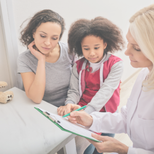 mom and child completing an assessment with a psychiatrist as they seek help with child mental health issues