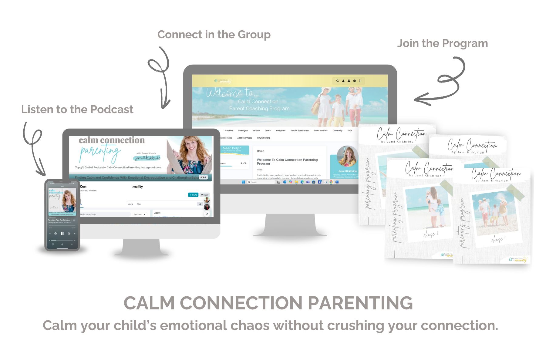 mock up simple calm connection parenting podcast and parent coaching program for emotional dysregulation